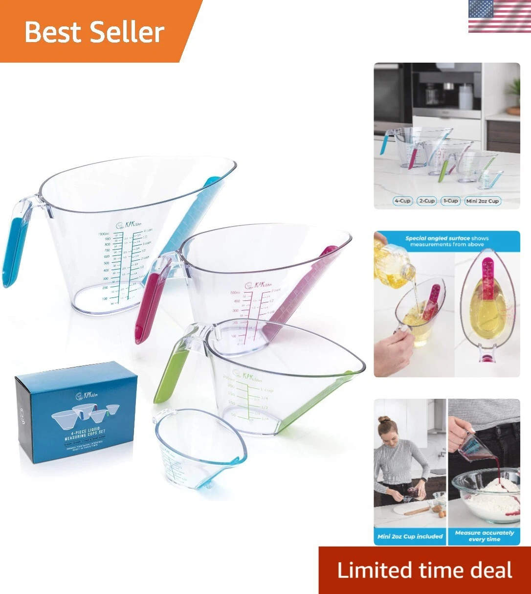 Colorful 4-Piece Measuring Cup Set - Accurate Liquid Measures in Cups & ML