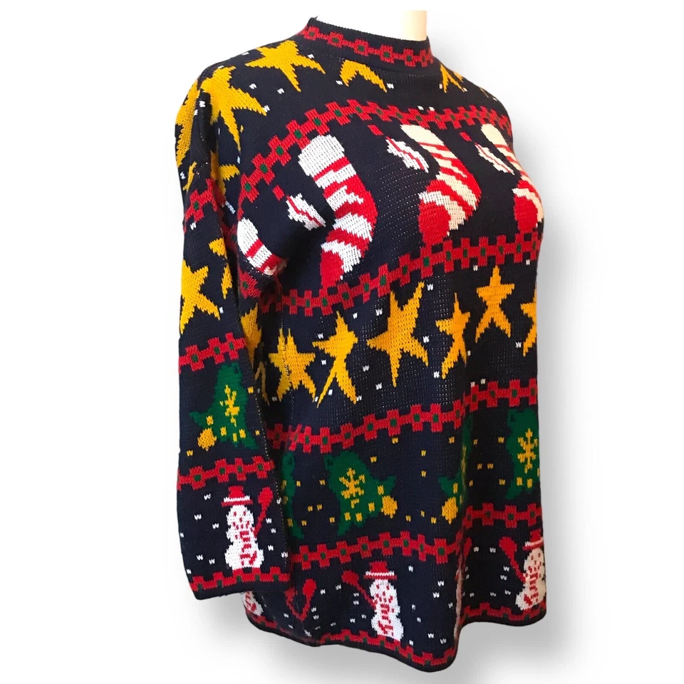 Vtg Golden Touch Ugly Christmas Sweater Sz 20W Stockings Stars Snowmen Black - Image 2 of 4
