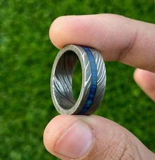 Custom Handmade Damascus Steel Ring Beautiful Blue Wood Filled Ring Band