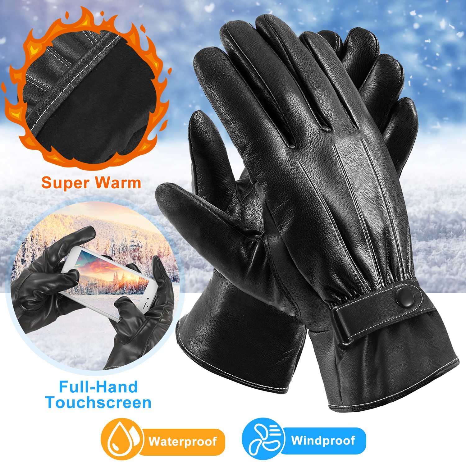Men’s Leather Winter Gloves Touchscreen Windproof Waterproof Outdoor