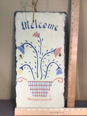 Hand Painted Slate Welcome hanging sign Leather Hanger 18 x9  Signed