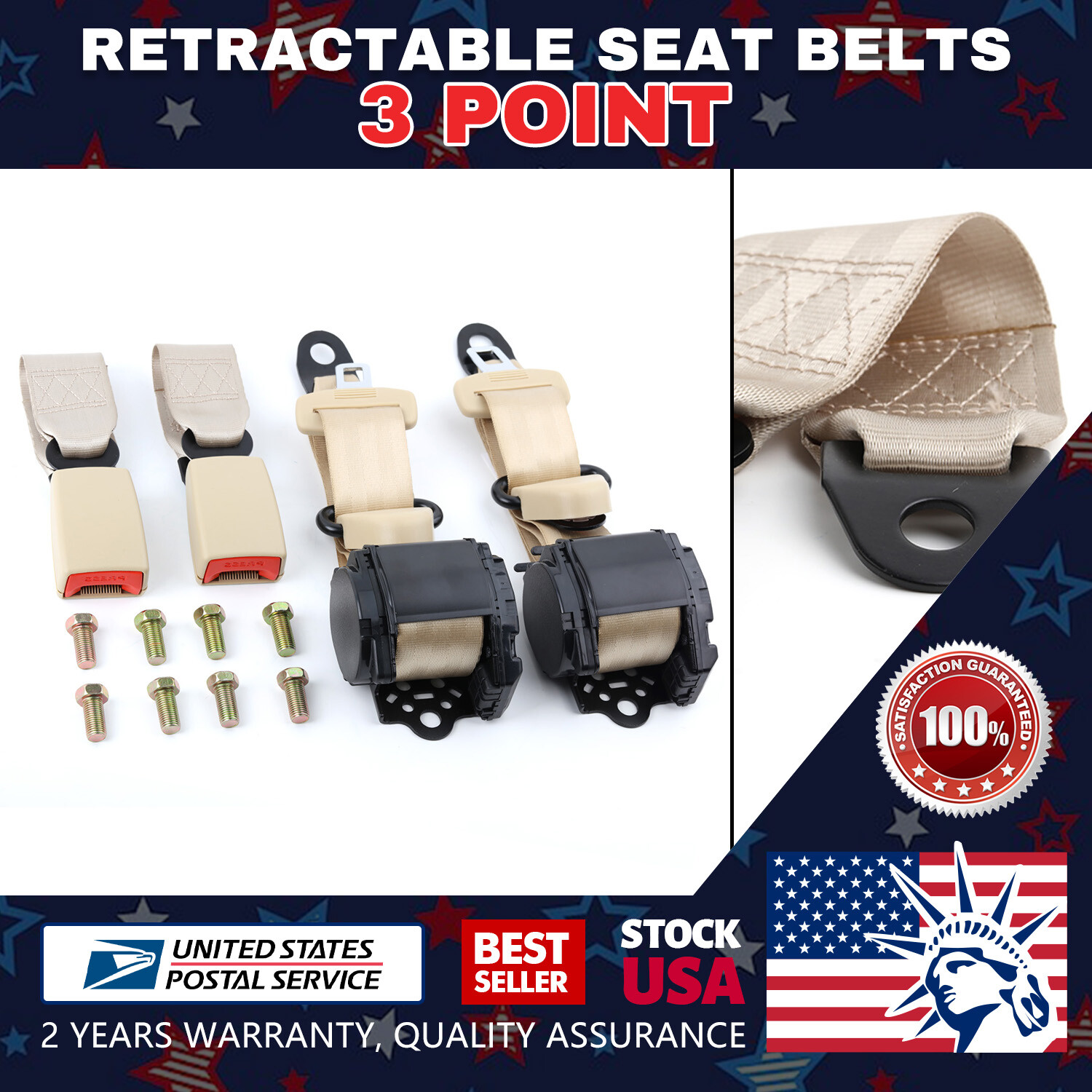 Set of (2) Safety 3 Point Retractable Car Seat Lap Belt Adjustable Kit Universal
