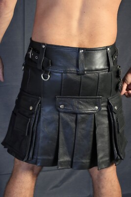 Men's Real Leather Cargo Pockets Pleated Kilt Leather Clubwear