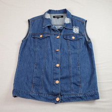 Distressed Thrashed Denim Vest Womens M Beaded Bird Patch Coastal Cowgirl Boho