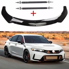 Glossy Canards Front Bumper Lip Spoiler Panel & Strut Rods For Honda Civic US