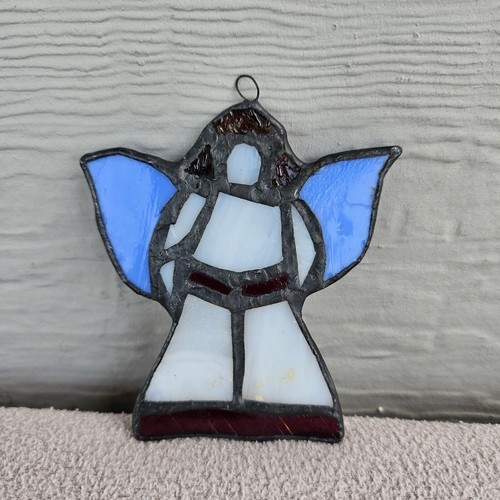 Stained Glass Angel Suncatcher Hanging Blue White Metal 3.5" Handcrafted - Picture 2 of 10