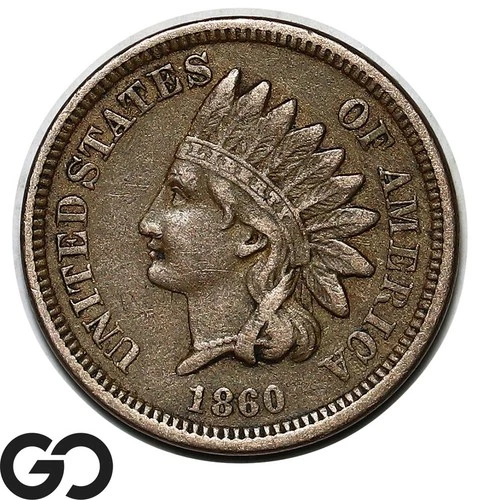 1860 Indian Head Cent Penny, Tougher Date, Choice VF