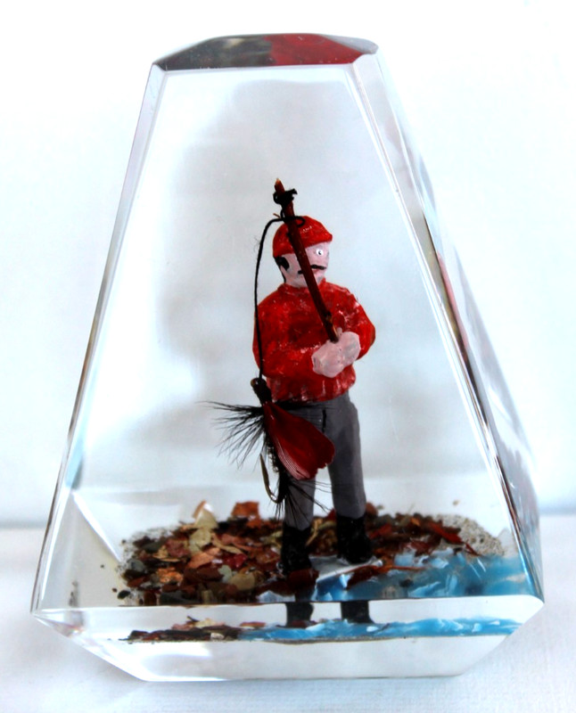 Vintage Hand Carved Painted Fisherman Lucite/Acrylic Unique Canada Paperweight