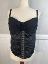 Cacique Satin Mesh Hook Closure Corset Bustier Black Sultry 42 Plus Vamp Goth
