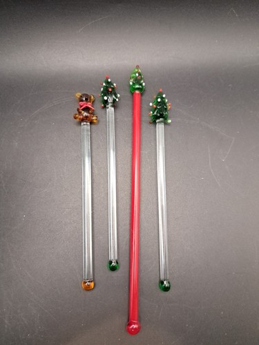 Vintage Cocktail Swizzle Sticks Drink Stirrers Blown Glass Christmas Trees Teddy - Picture 2 of 6