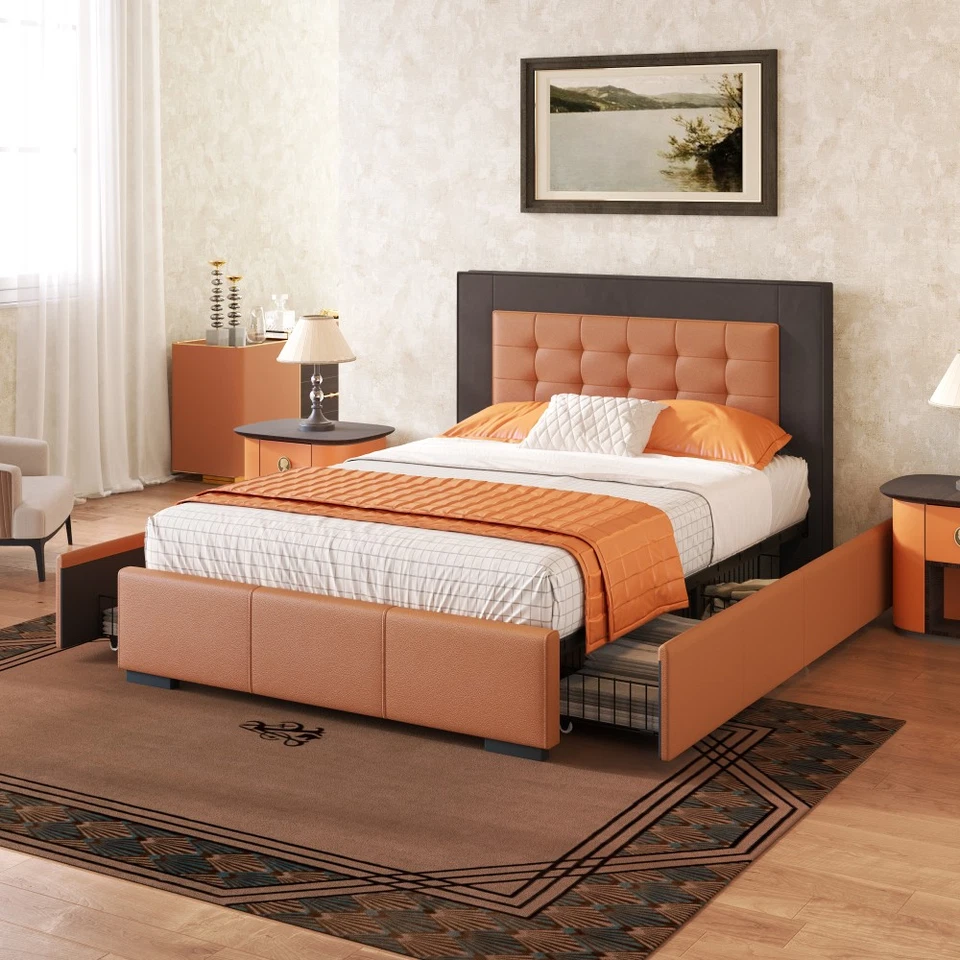 Modern Upholstered Queen Size Platform Bed Frame with 4 Drawers,Orange & Brown - Image 3 of 4