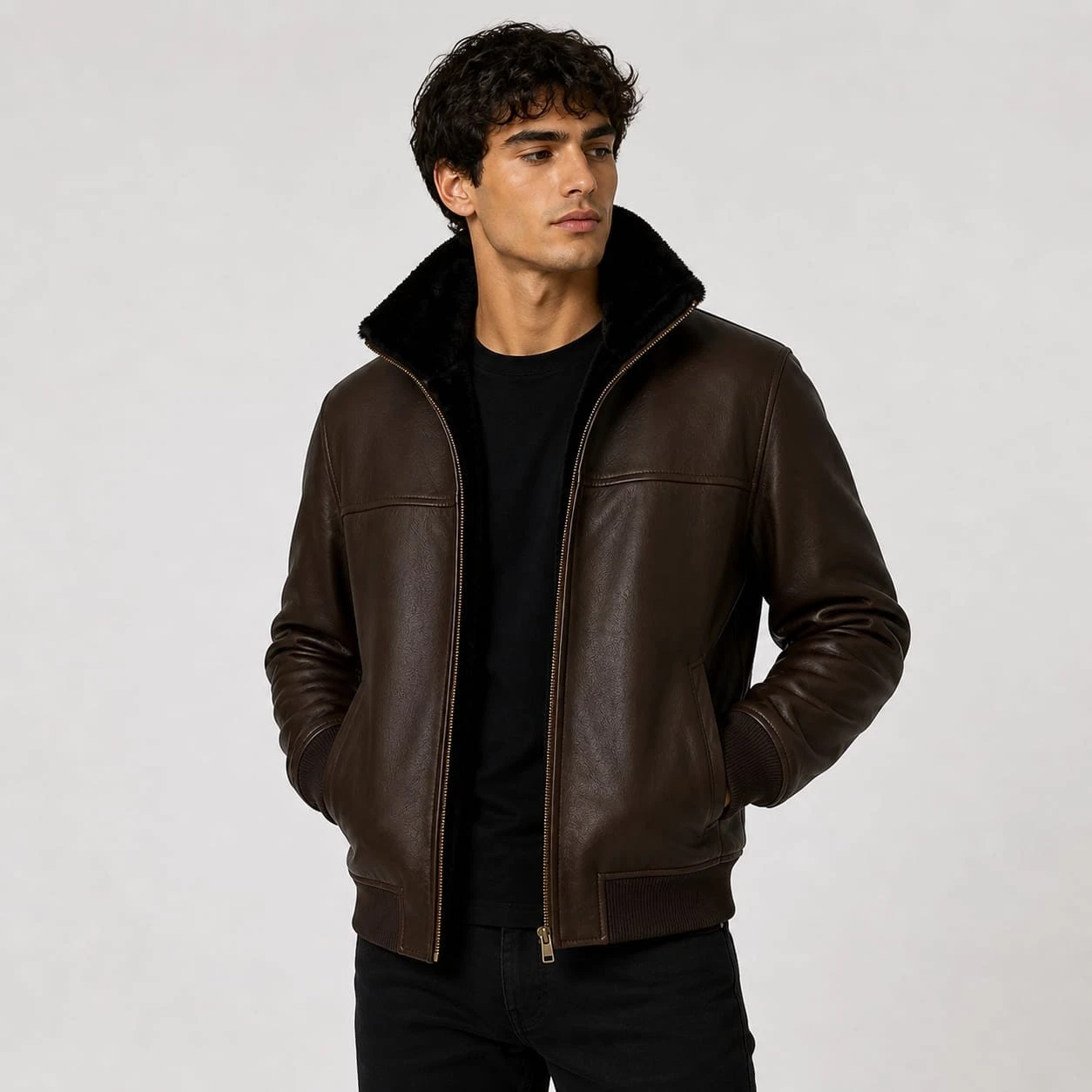Men’s Brown Leather Bomber Jacket Faux Fur Collar Winter Zip Up Warm Coat