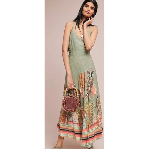 Farm Rio Anthropologie Tropical Parrot Midi Dress Green Multi