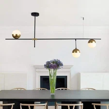 Y'Insp 3-Light Black Brass Mid-Century Linear Chandelier Dining Room White Glass