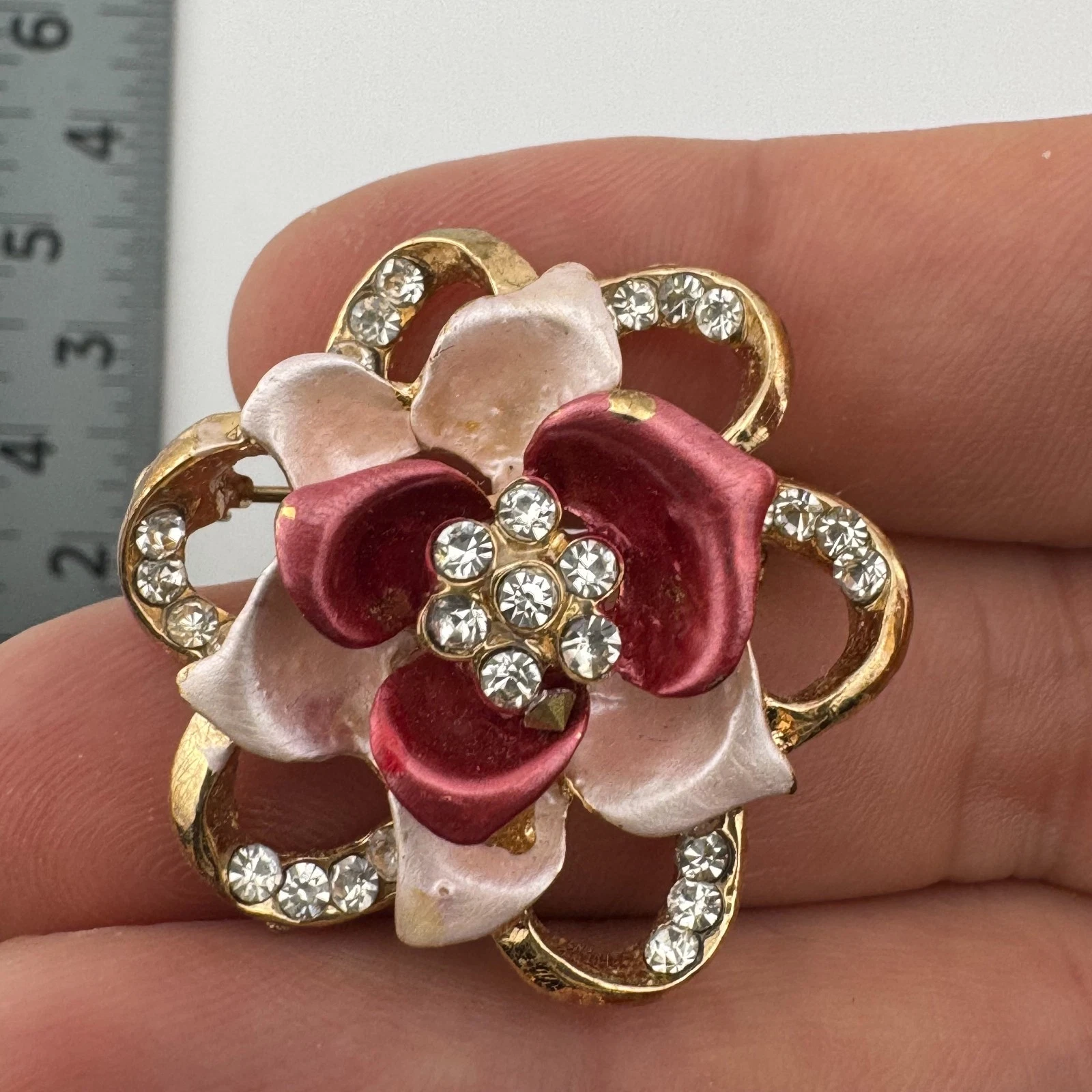 Vintage Gold Tone Enamel Flower Brooch Red White Clear Rhinestones Pin