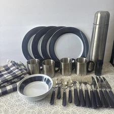 Vintage Wenzel Picnic Set No Bag Thermos Blue Checkered Napkins Silverware Cups 
