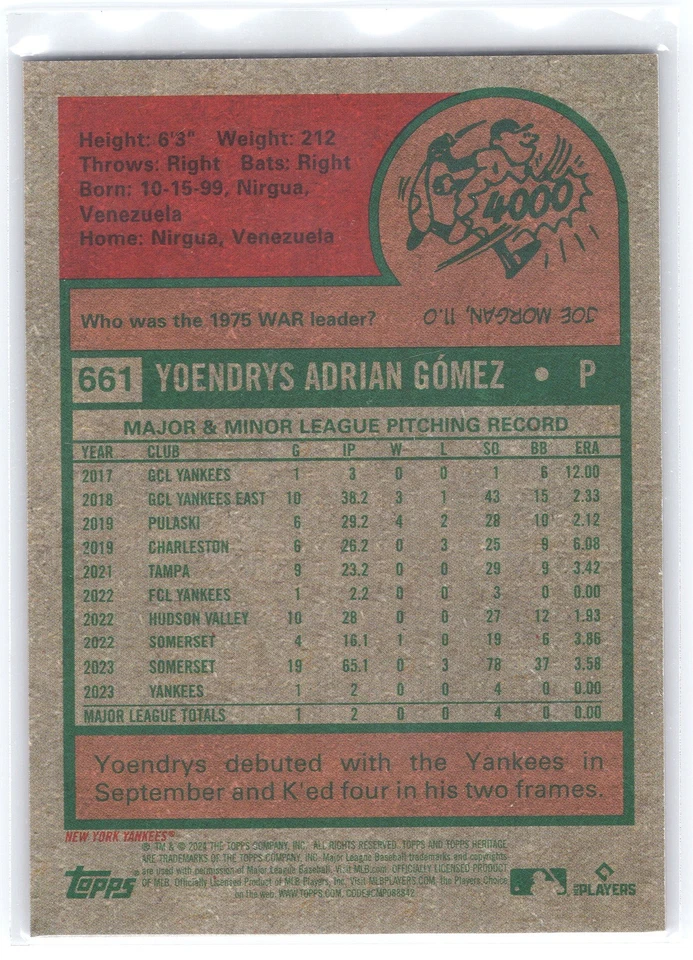 2024 Topps Heritage High Number Yoendrys Gomez Rookie 614/699 New York Yankees - Image 2 of 2