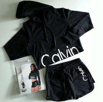 CALVIN KLEIN Damen (2er Set) Kapuzenshirt + Shorty Schwarz Grösse 40 (L) mit OVP