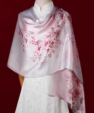 100% Silk Scarf Women neckerchief long Shawl Wrap floral pink red beige MY228-1