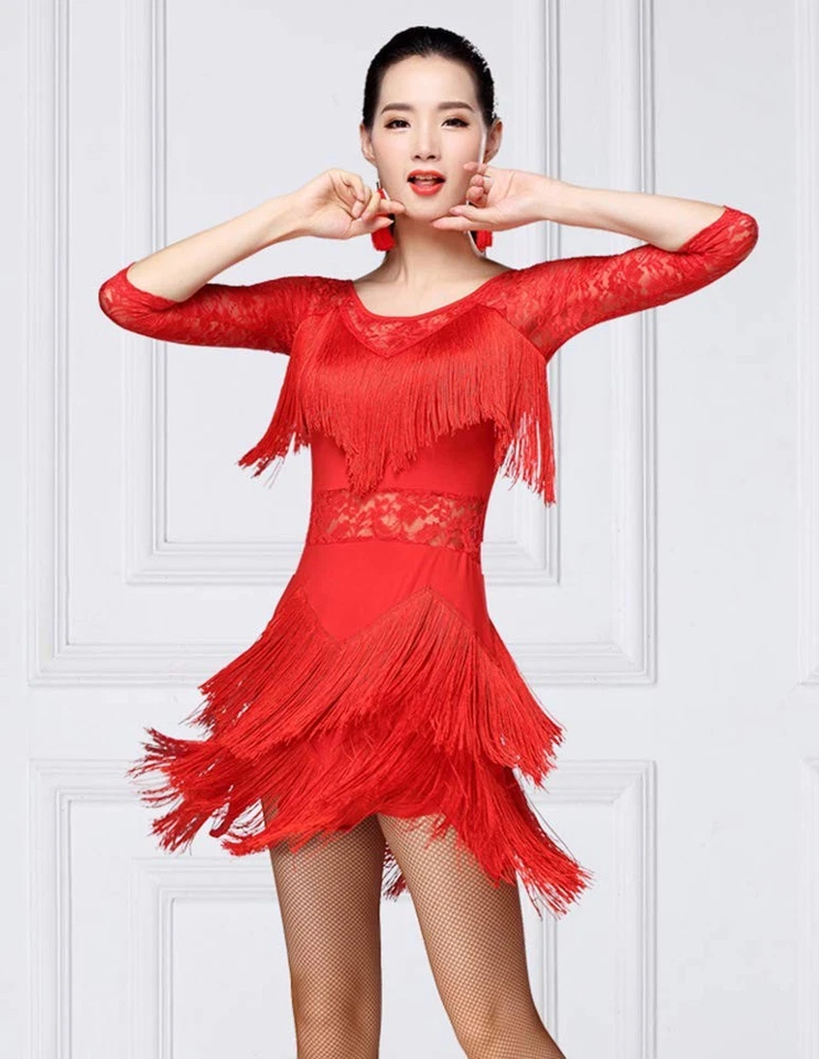 ZX Women's Fringed Ballroom Costume Lace Round Neck 1/2 Sleeve Tango Salsa La... - Image 3 of 4