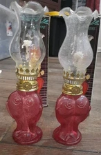 VINTAGE 8” Tall Red Base Fish Kerosene/Scented Oil Lamp w/Ruffled/Shade 