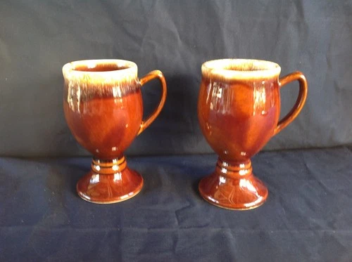 Lot of 2 Vintage HULL USA Pottery Brown Drip Glaze Irish Coffee Mug Pedestal