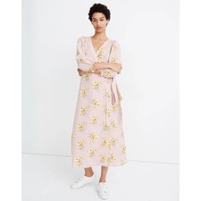 Madewell Linen-Blend Ruffle-Cuff Wrap Dress Dutch Dandelions Medium Pink Floral