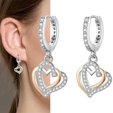 PANDACH 925 Sterling Silver Pave Accent Heart Charm Drop Earrings For Women Gift