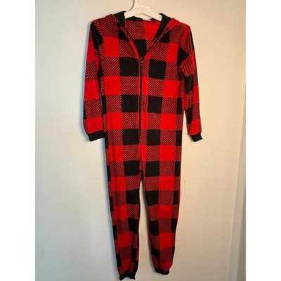 Cat & Jack Boys Red Black Buffalo Plaid Fleece Hooded One Piece Pajamas Size 12