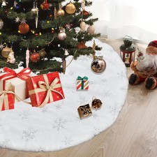 Christmas Tree Skirt White Faux Fur SnowflakeXmas Large Tree 30 inches Silver