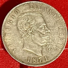 1871 Italy 5 Lire KM# 8.3 Silver Coin