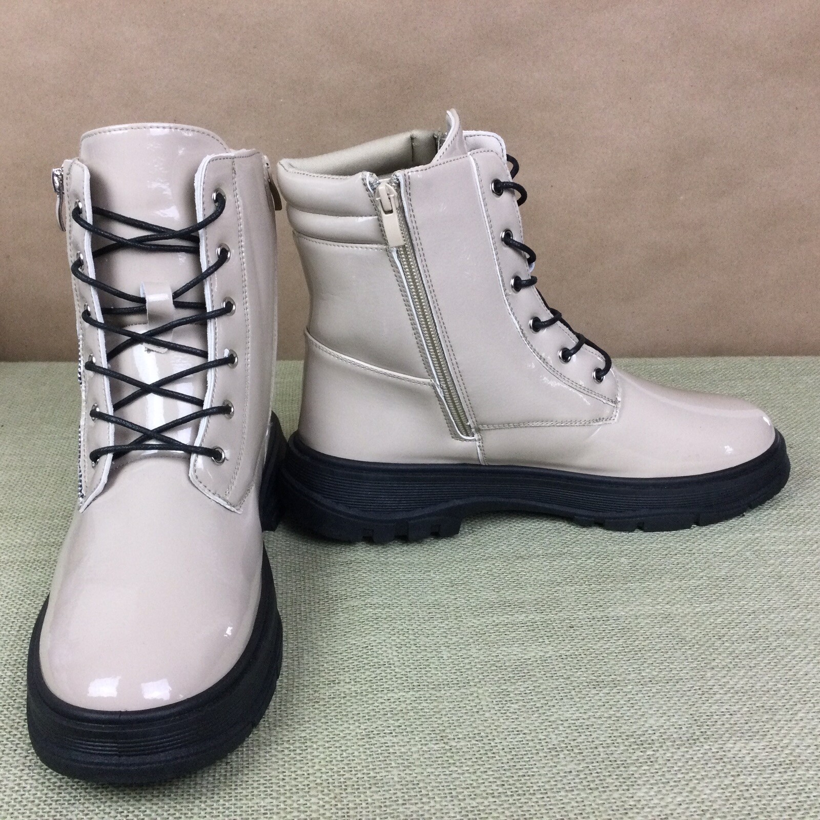 YOKI Women’s Chunky Beige Ankle Combat Boots Lace Up / Zip Comfort