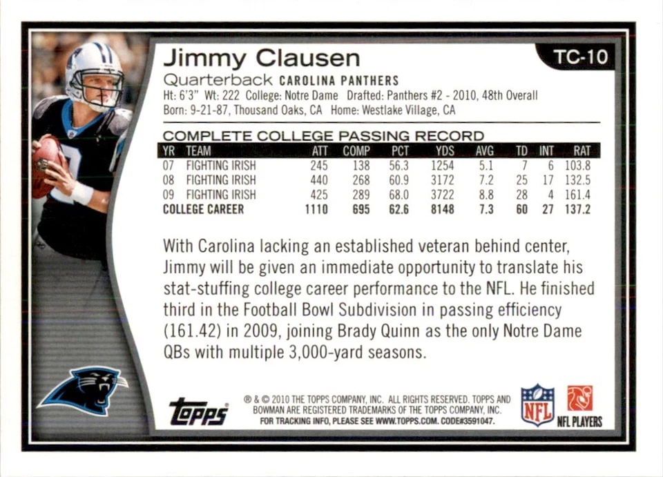 Jimmy Clausen 2010 Topps Bowman Target Exclusive Silver #TC-10 Carolina Panthers - Image 2 of 2