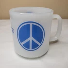 Vintage PEACE White Milk Glass Mug Blue Dove Peace Symbol Glasbake 10 Oz.