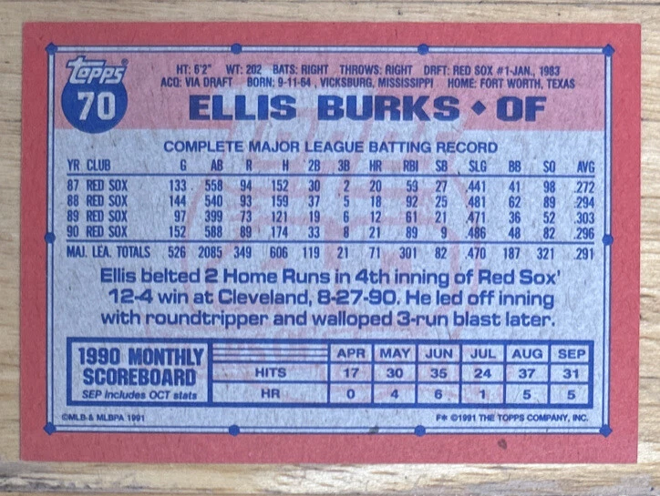 1991 Topps Ellis Burks Baseball Card #70 Red Sox OF Low-Grade O/C & Scratched - Image 2 of 2