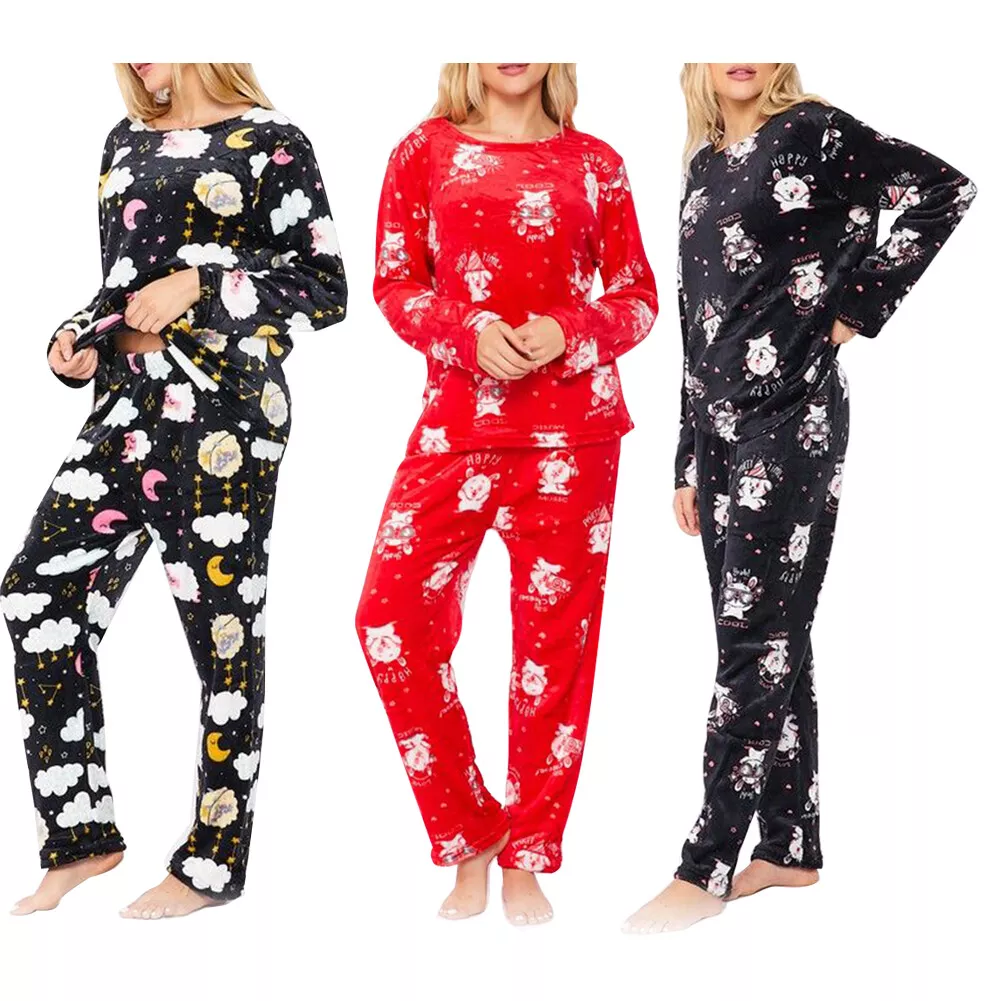 Women's Fleece Pajama Set Print Design Plush Casual Sleepwear Top & Bottom  Set