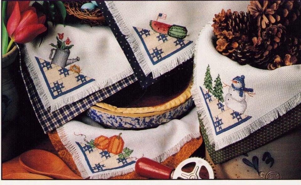 Cross Stitch 4 Seasons Snowman Pumpkins Watermelon Tulips Sandy Gore Evans - Image 3 of 4