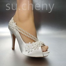 su.cheny -8/10 cm heel Pearl white ivory silk lace open toe Wedding Bridal shoes