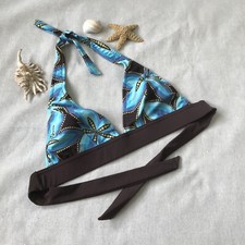 Venus Womens S Multicolor Brown Aqua Print Triangle Bikini Tie Top Vintage Beach