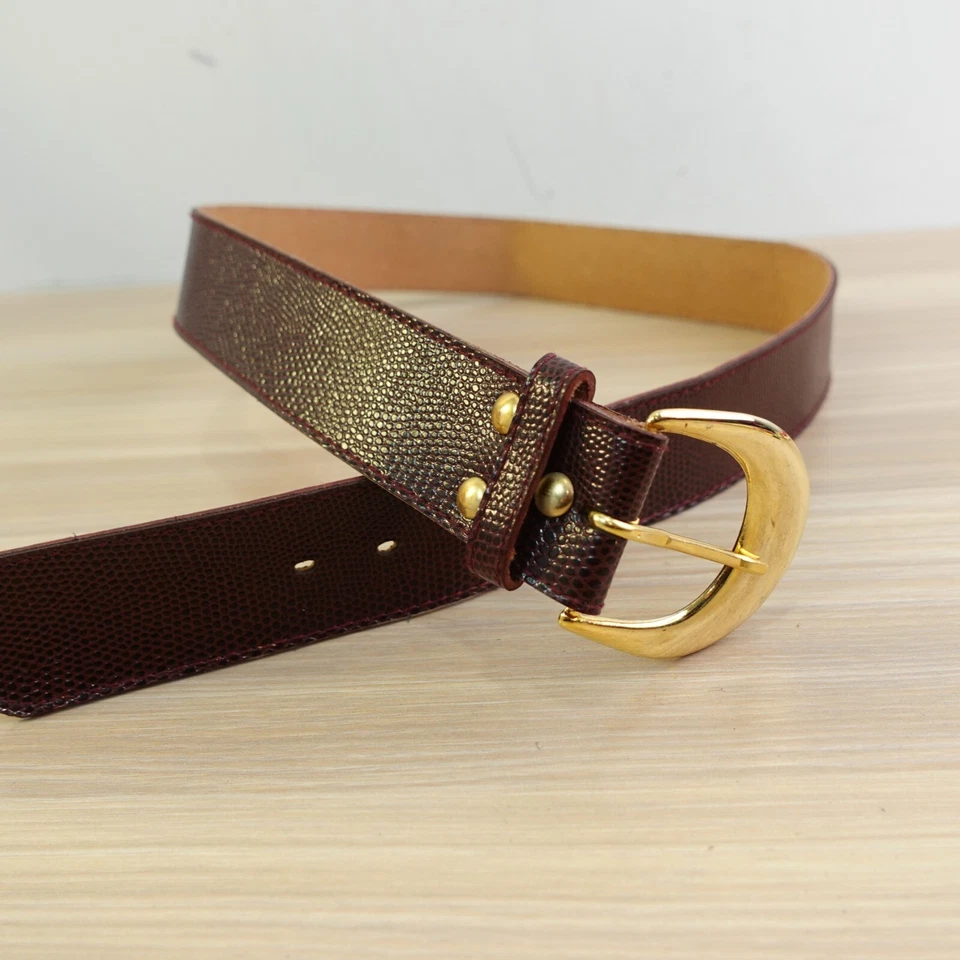90s Vintage Lizard Belt Womens Small Chocolate Gold Tone Buckle Embossed Faux - Image 2 of 4