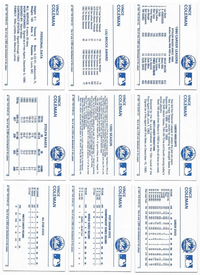 1991 Star Vince Coleman Silver (9) Card Set Only 2000 Sets Made! Mets - Image 2 of 4