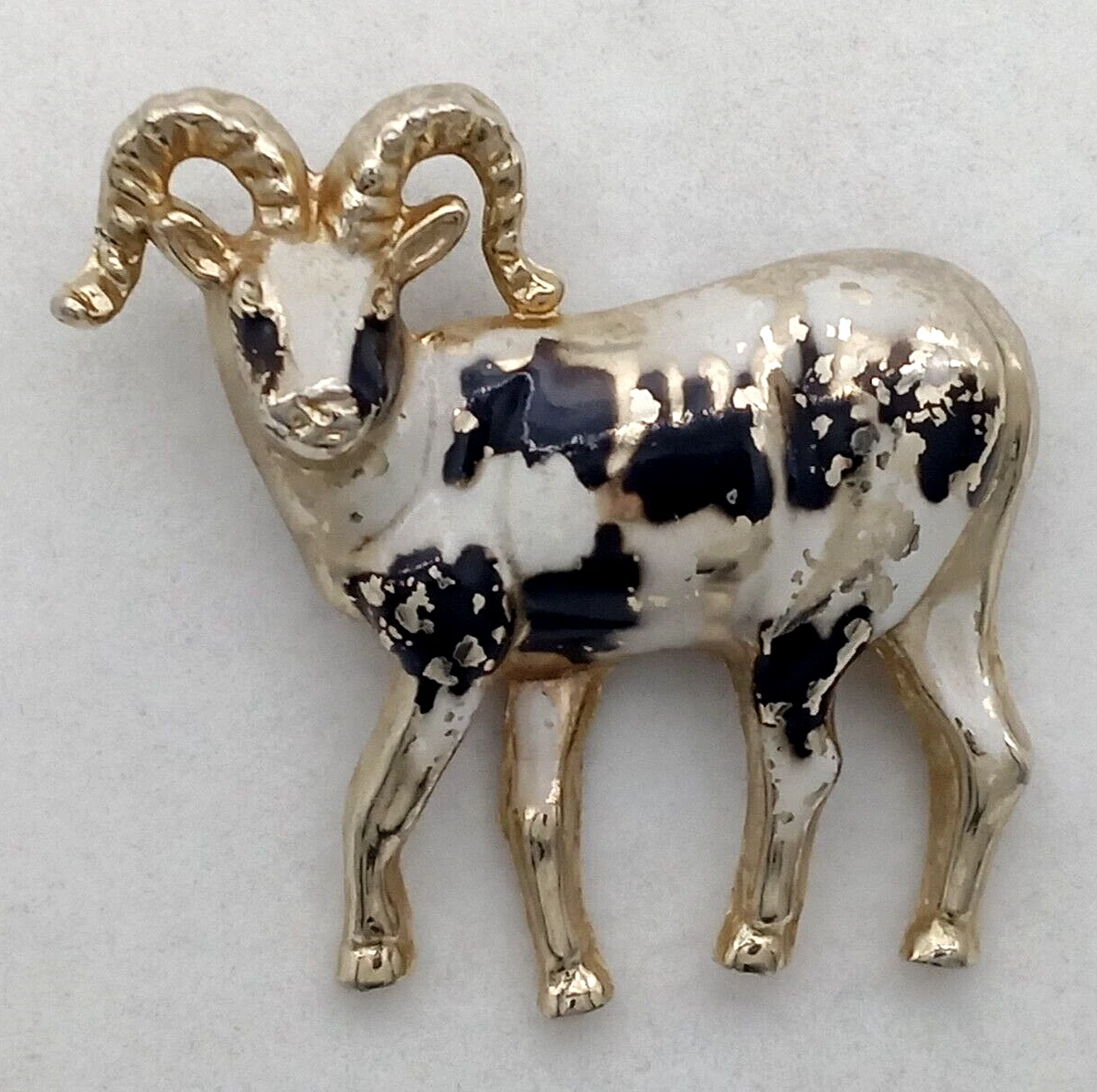 Ram Goat Brooch Pin White Black Enamel Shiny Gold Tone Metal