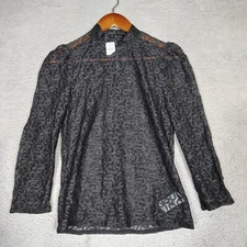 Gap Top Women's XS Black Stretch Eyelet Crochet Lace Long Sleeve Mock Neck NWT