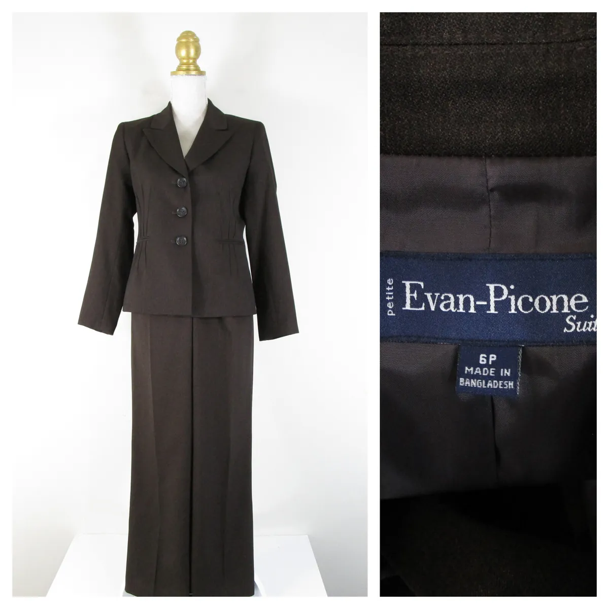 Evan Picone Petite Womens Solid Dark Brown Pant Suit Size 6P Formal Career