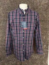 CHAPS Shirt Size L Men's Easy Care Mountain Blue Plaid Button Up Long Sleeve