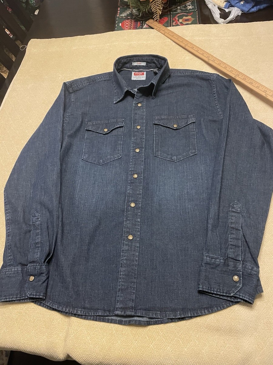 Wrangler Mens Indigo Denim Long Sleeve Pearl Snap Shirt Workwear Size L