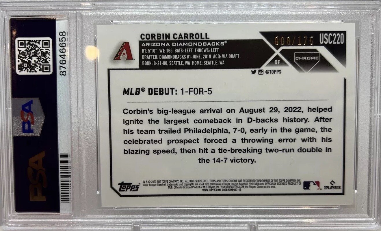 2023 Topps Chrome Update Corbin Carroll Aqua Blue Lava Lamp RC 8/175 USC220 PSA9 view 2