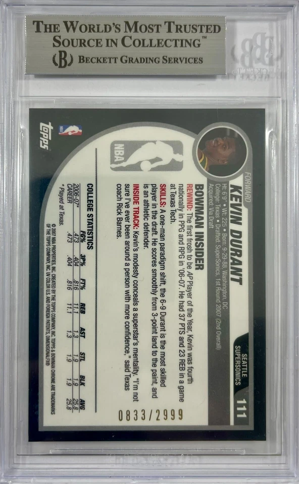 Kevin Durant auto rookie Bowman Chrome 2007 833/2999 Supersonics GM 9 BAS encap - Image 2 of 2