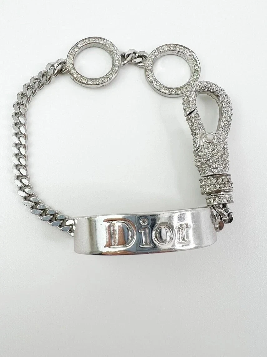 BRACELET VINTAGE CHRISTIAN DIOR LOGO ARGENT STRASS BIJOUX RARES