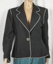 Vintage Carlisle Size 10 100% Silk Blazer Black Shoulder Pads Piping 